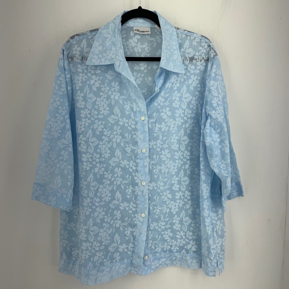 Classic Blue Womens 2X Floral Burnout Sheer 3/4 Sleeve Top Coastal Grandmother